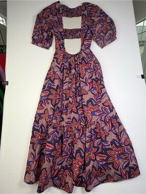 Evereve Size S Boho Floral Maxi Dress Cutout Back Puff Sleeve